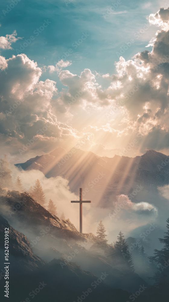 Fototapeta premium wooden cross floats majestically above the soft with a midpoint