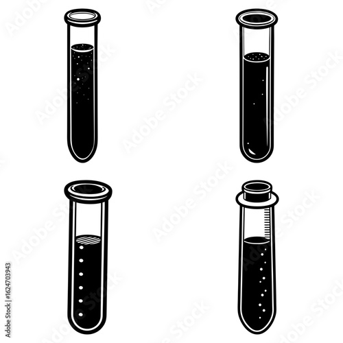 Illustration of four test tubes filled with different liquids in a laboratory setting display