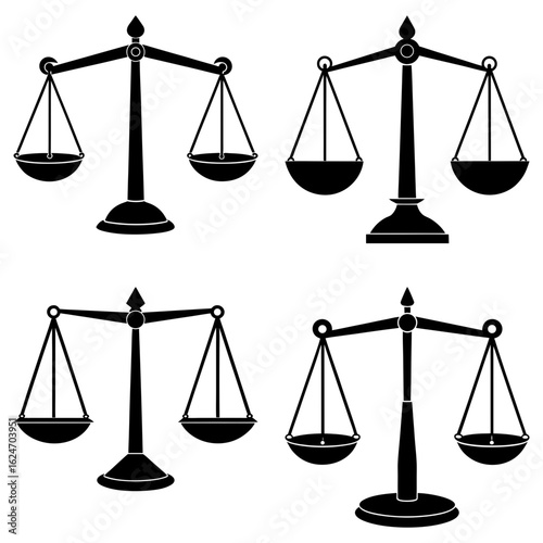 Four black and white balance scales representing justice and law on a white background design element
