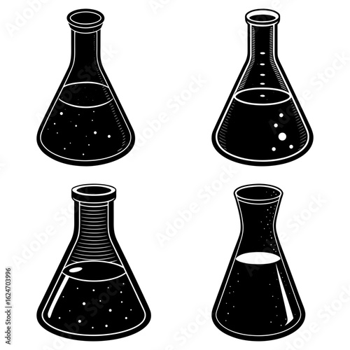 Four conical flasks with different liquid levels and textures in a black and white science illustration