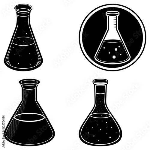 Illustration of four conical flasks filled with liquid in black and white style drawing design art