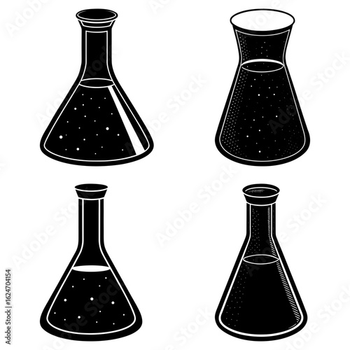 Four conical flasks with liquid in black and white illustration for science and laboratory experiments