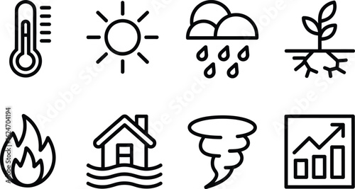 Eight climate risk icons with thermometer, sun, rain, plant, fire, flood, tornado, graph