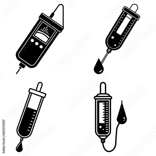 Illustration of four medical devices including a meter and several types of medicine droppers shown in black