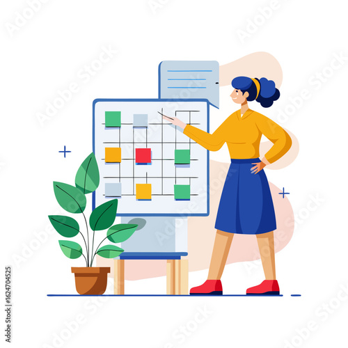 Businesswoman Reviewing Kanban Board for Project Management Workflow, Agile Task Organization, Productivity Planning, and Time Management Illustration