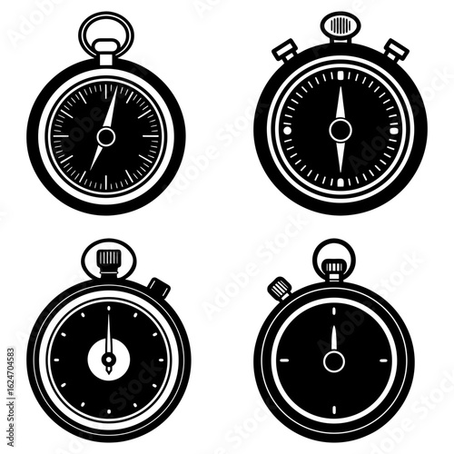Collection of four vintage style stopwatches with different hand positions in black and white color scheme