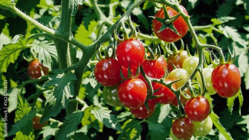 Cluster of ripe red cherry tomatoes growing on a green vine Cluster of ripe red cherry tomatoes growing on a green vine