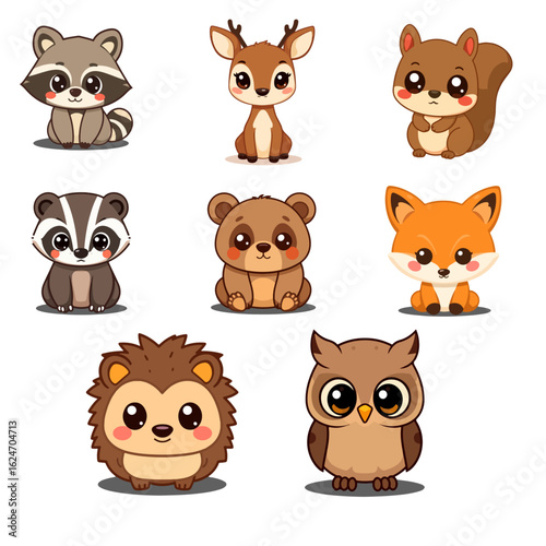 Cute cartoon animal set. Vector collection of friendly woodland and jungle characters: Raccoon, deer, bear, hedgheog, fox, squirrel, and bear. Isolated kawaii clip art for kids and baby design.