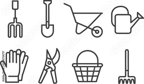 Garden Tools Outline Icons Set Fork, Shovel, Wheelbarrow, Can, Gloves, Pruner, Basket, Rake