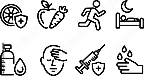 Health Icons Orange with Shield, Apple and Carrot, Running Figure, Sleeping Person
