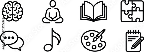Icon set brain, meditate, open book, puzzle, speech, music note, palette and notepad