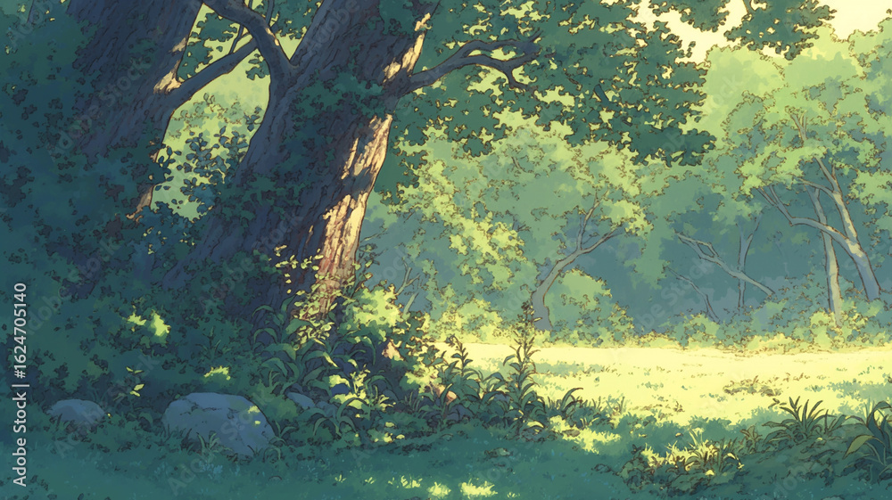 Obraz premium 手描き風の繊細なタッチで描かれた森の風景と、差し込むやさしい懐かしさを感じる光が印象的なイラスト素材。自然と癒しをテーマにしたノスタルジックな風景画。