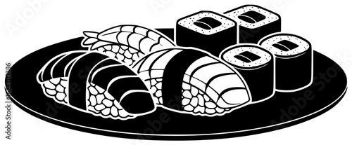 sushi on a plate sushi roll with fish and sushi chef preparing sushi pieces soy sauce sushi boat various sushi restaurant sushi bar sushi buffet many sushi platter assorted sushi box takeout