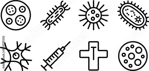 Isolated Icon Set With Virus, Bacterium, Brain Cell, Vaccine, And Cross On White