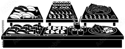sushi on a plate sushi roll with fish and sushi chef preparing sushi pieces soy sauce sushi boat various sushi restaurant sushi bar sushi buffet many sushi platter assorted sushi box takeout