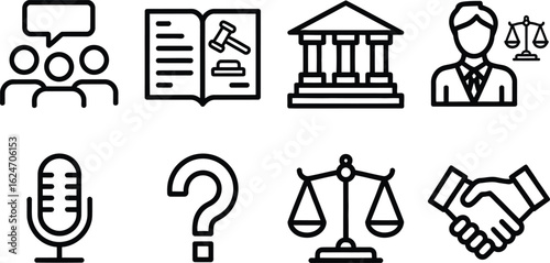 Law and Justice Symbols Set Court, Scales, Book, Lawyer, Handshake, Q&A Icon Outline