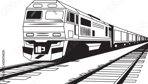 detailed industrial locomotive vector graphic of rail freight transport on tracks perfect for railway infrastructure themes