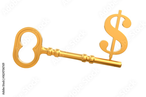 Key from dollar on white background. Isolated 3D illustration