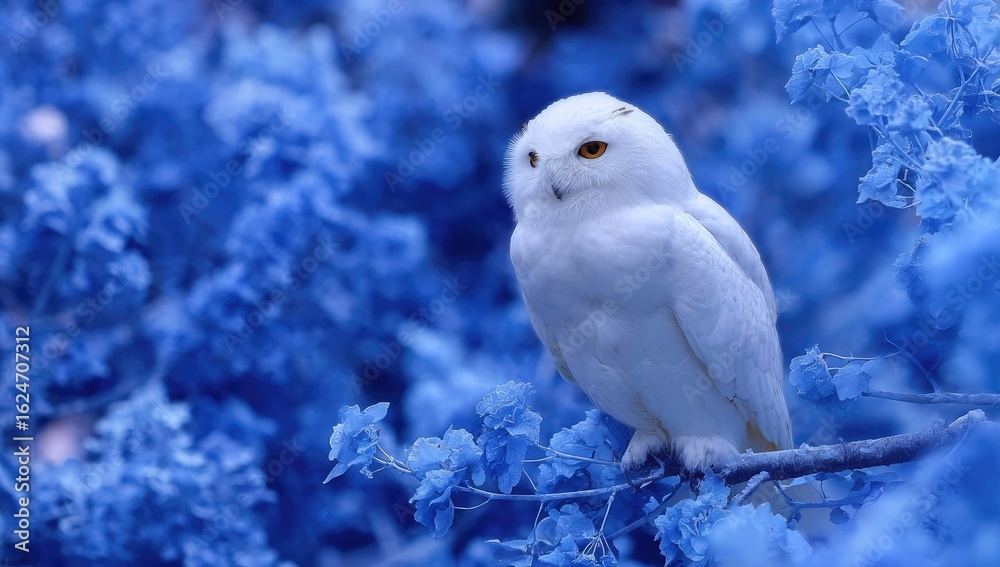 Obraz premium Elegant white owl perched amidst vibrant blue flowers.