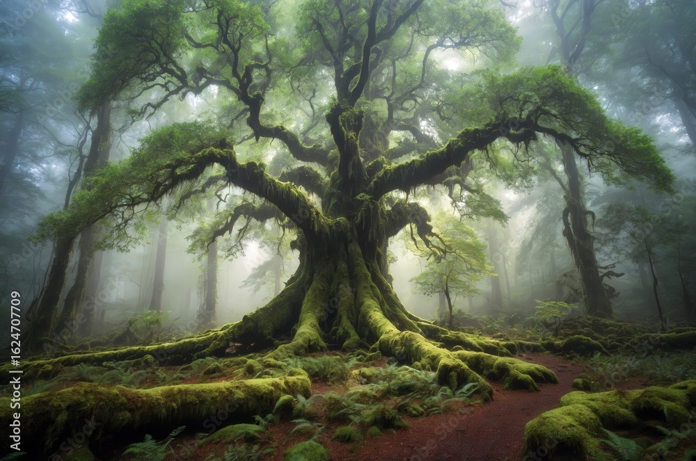 Fototapeta premium Majestic ancient tree surrounded by mist in a lush forest under soft natural light