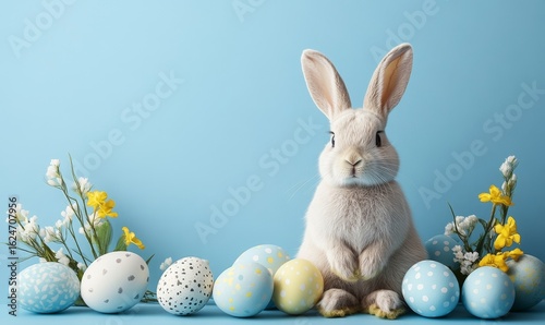 Easter bunny and Easter eggs banner background with plain blue background, offering space for custom messages or event details, Generative AI