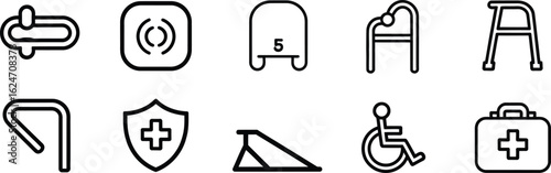 Medical Healthcare Outline Icon Set, Wheelchair Symbol, First Aid Kit on White