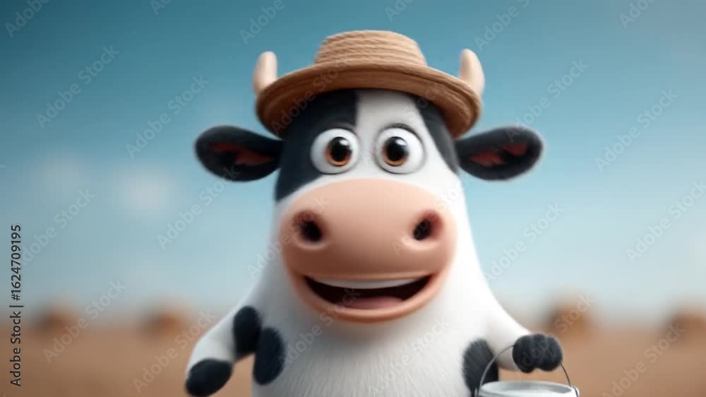 Cartoon cow with straw hat smiling in sunny countryside with green blurred background