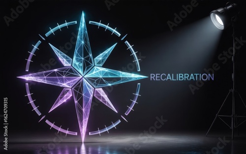 Navigational Reset: A digital compass rose, aglow with vibrant neon light, provides direction for Recalibration against a sleek backdrop of darkness, illuminated by a singular spotlight.