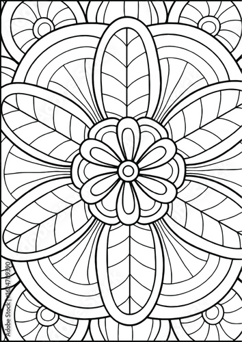 Coloring Book Kids Intricate floral design with detailed leaf patterns in a symmetrical arrangement suitable for coloring pages or artistic backgrounds
