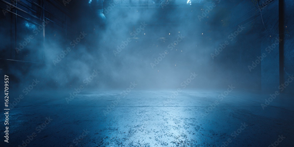 Fototapeta premium Industrial Interior Space with Concrete Floor and Fog Perfect for Product Placement or Backgrounds Blue Tones