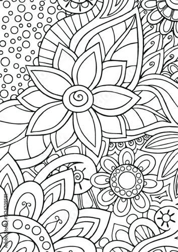 Coloring Book Kids Intricate floral coloring page with detailed patterns for relaxation and creative expression, featuring flowers, leaves, and swirling elements for therapeutic art