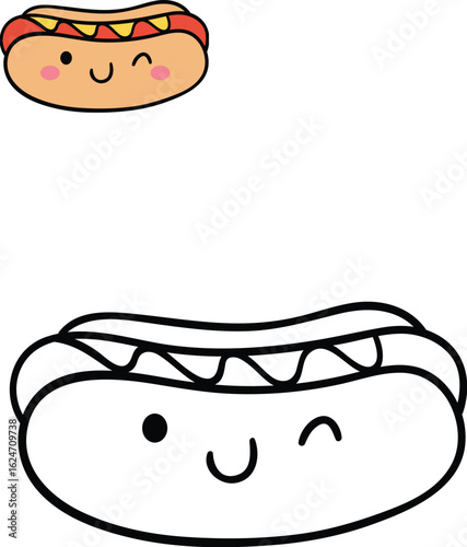 Coloring Book Kids Adorable hot dog illustration with cheerful winking expression and mustard topping, a cartoon style drawing suitable for children's themes and food related designs