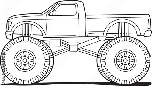 monster truck vector illustration black and white rugged off road vehicle line art detailed high resolution