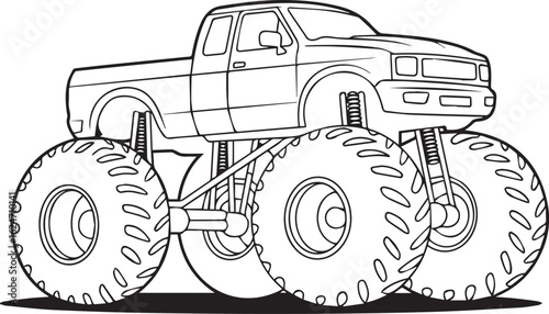 detailed monster truck line drawing coloring page outline vector extreme offroad car big wheels graphic