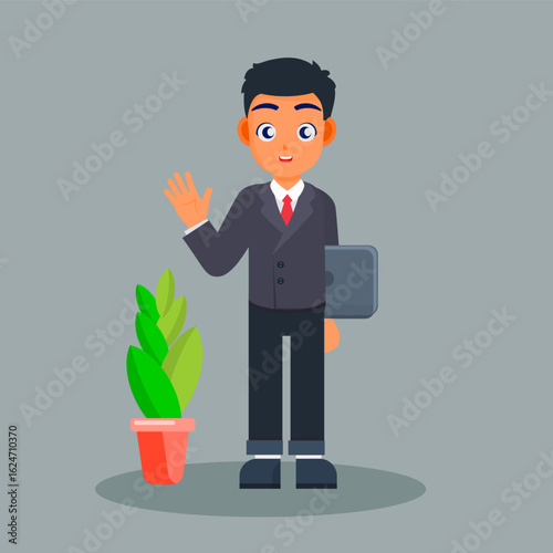 Business Professional's Greetings: A friendly businessperson in a suit, holding a tablet, extends a welcoming hand, beside a potted plant.
