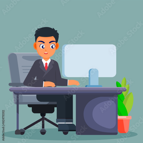 Focused Work: A professional individual, deeply engaged in the task at hand, is seated at a sleek desk in an office environment, diligently working on his computer.