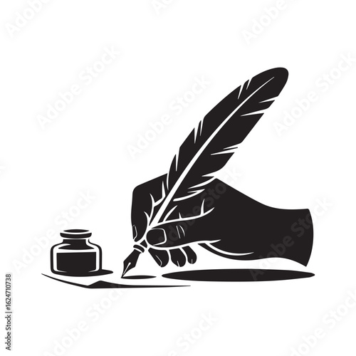 Hand holding quill pen writing with inkwell vector