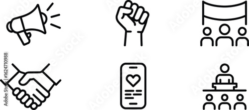 Protest Signs, Raised Fist, People with Banner, Megaphone Icons, Handshake Isolated