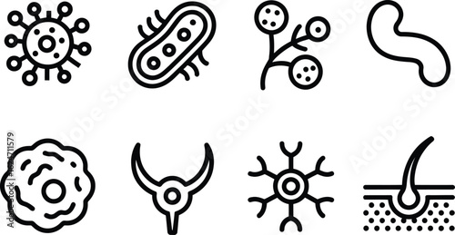 Set of Germs, Virus, Cells, Fungus and Bacteria Outline Icons on Transparent Background