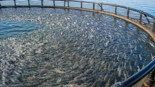 A large school of fish swimming in a circular net pen at a fish farm. Aquaculture and seafood industry. Mariculture of salmon in the open sea.