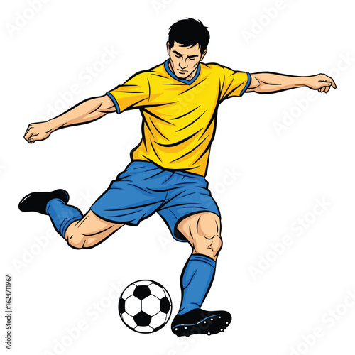Young soccer player in action kicking ball