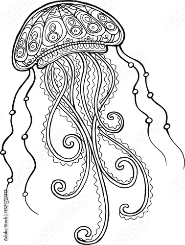 Coloring Book Kids Detailed line art of a jellyfish with intricate patterns and flowing tentacles, perfect for coloring books and marine life enthusiasts