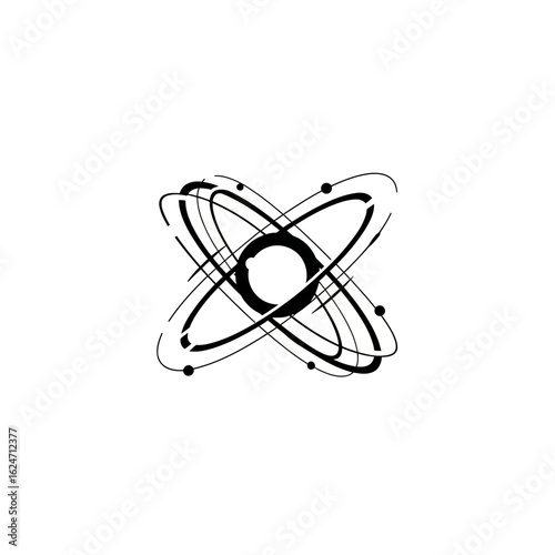 Black and White Atom Model with Orbiting Electrons Illustration