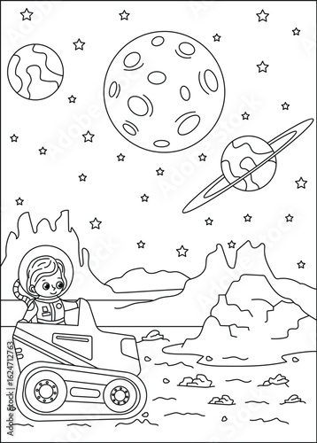 Coloring Book Kids Adorable astronaut explores a lunar landscape in a rover surrounded by planets and stars in a charming black and white illustration