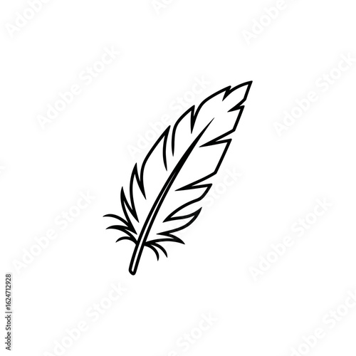 Detailed Black Outline of a Feather with Barbs and Quill