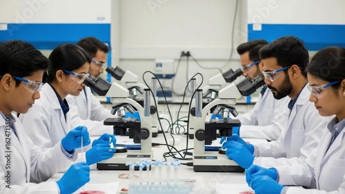 Team of young Indian scientists working in a modern laboratory. Male and female researchers using microscopes for medical analysis and development.