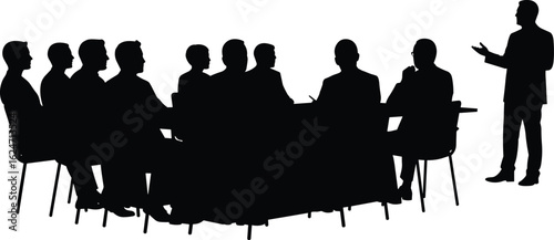 Business presentation silhouette, team meeting discussion, corporate seminar training, professional group workshop, speaker addressing audience, conference table vector art.