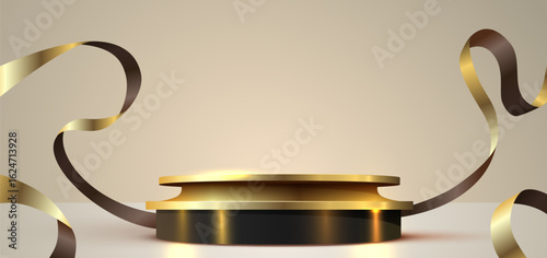 Podium scene background with golden ribbon. Winner stage pedestal or platform. Vector illustration
