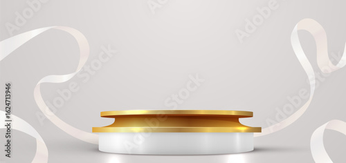 Podium scene background with golden ribbon. Winner stage pedestal or platform. Vector illustration