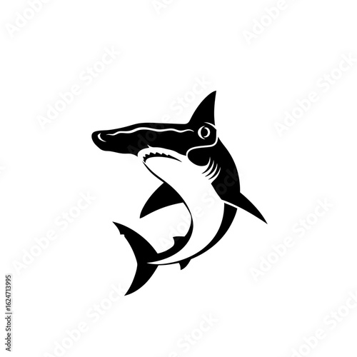 Striking Black and White Hammerhead Shark Silhouette with Open Mouth